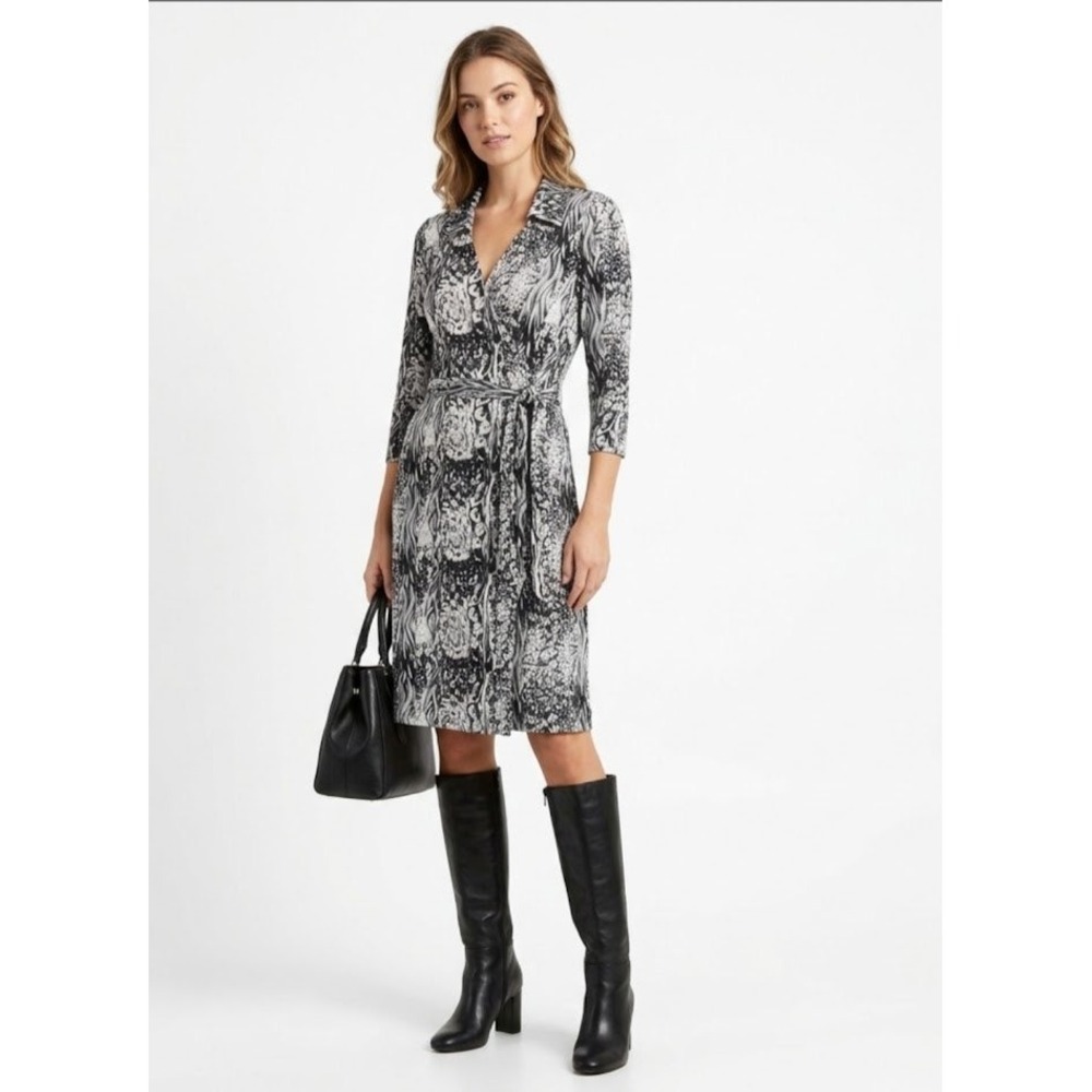 Laundry by Design Wrap Dress Womens Black White Animal Print Collar Midi 2
